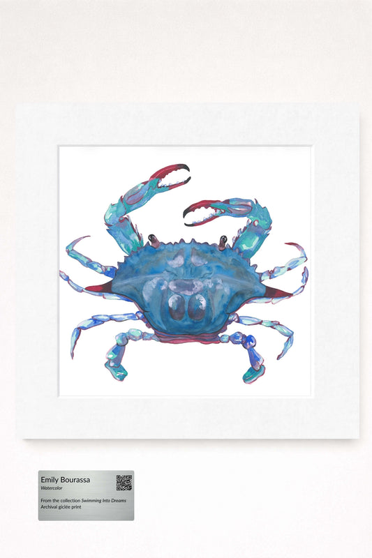 giclee print of watercolor painting of blue crab by emily bourassa in white matting