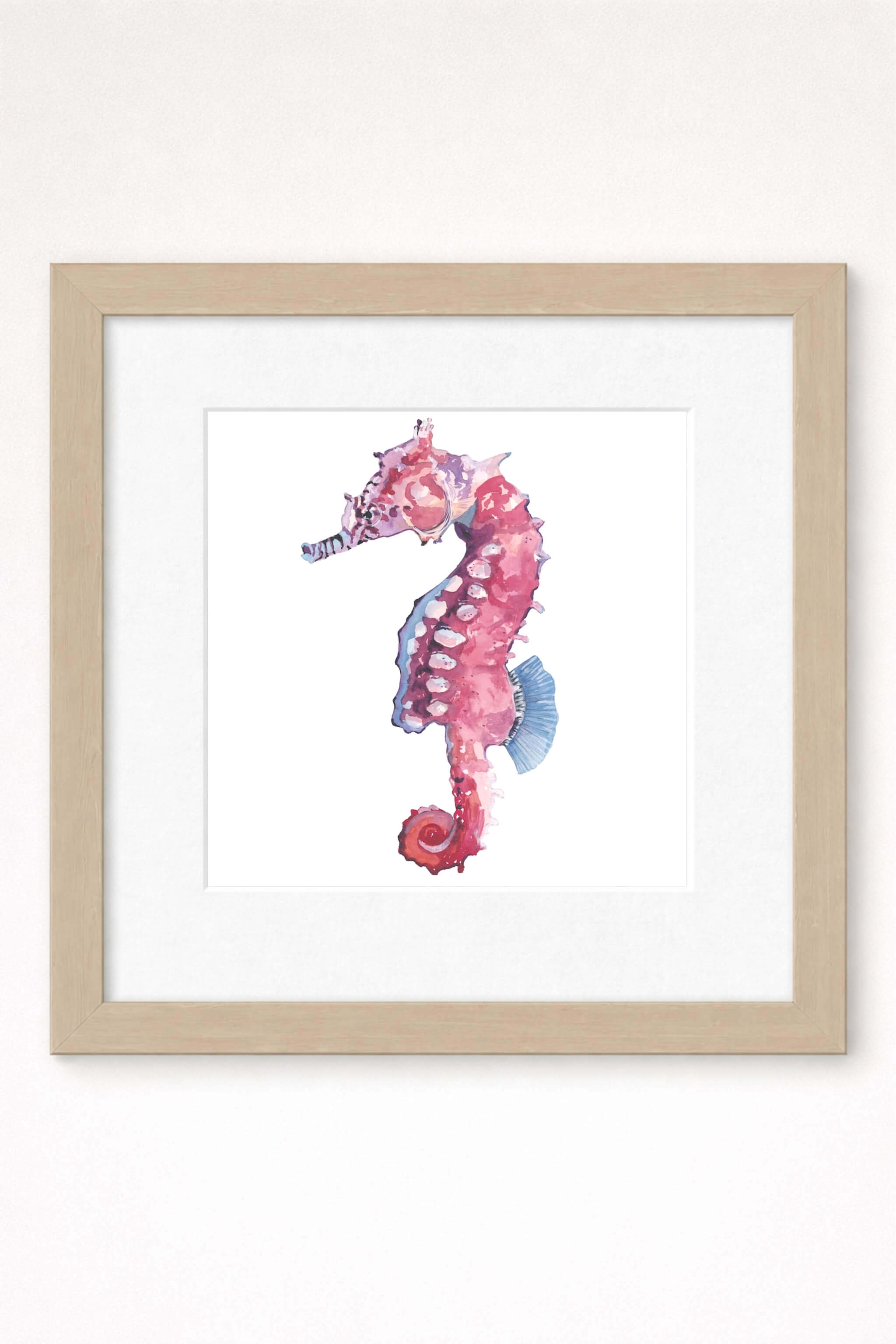 giclee print of watercolor painting of pink seahorse by emily bourassa in brown frame