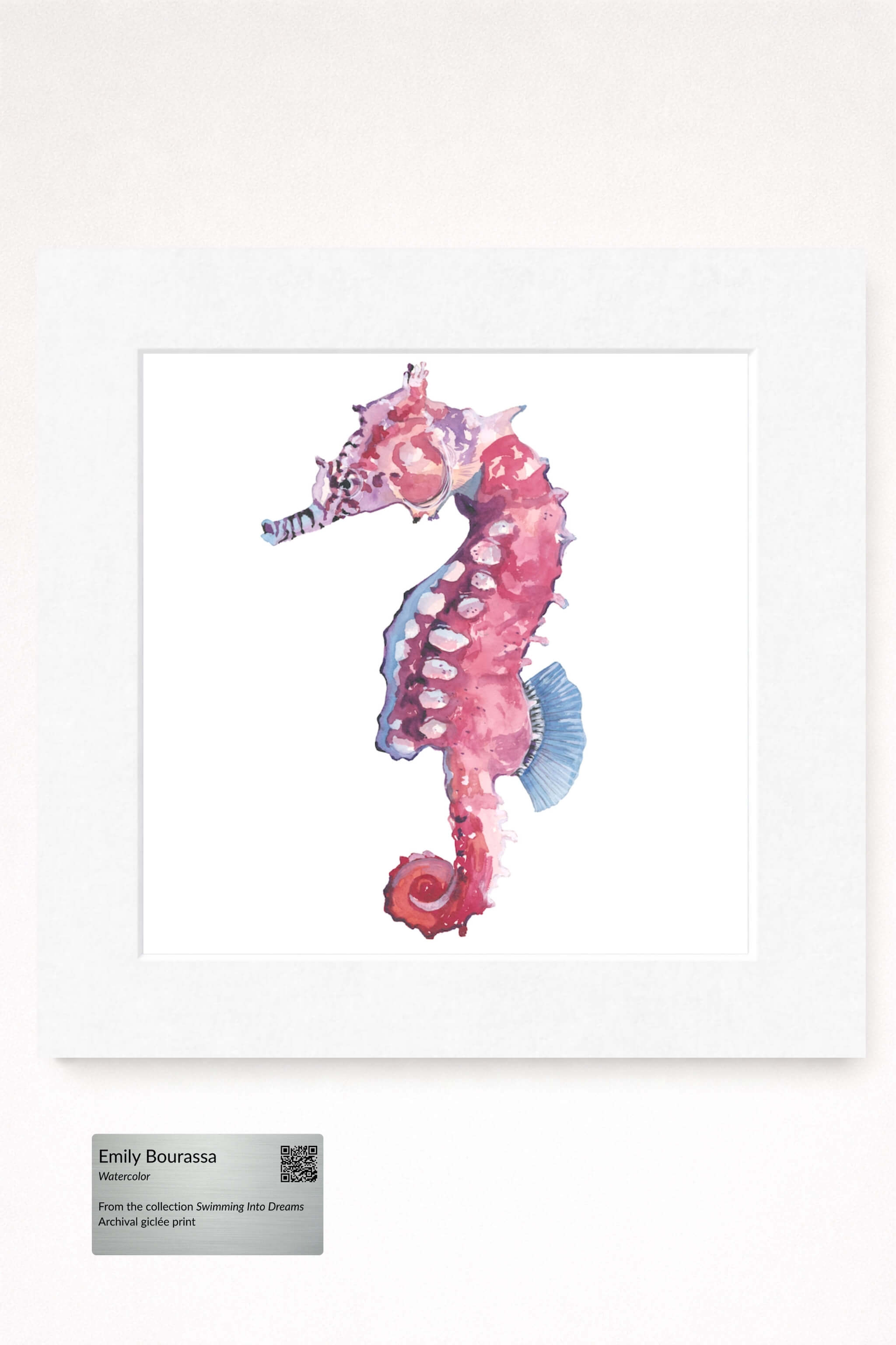 giclee print of watercolor painting of pink seahorse by emily bourassa in white matting