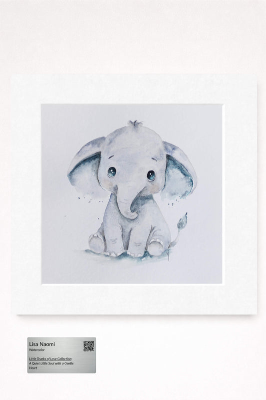 watercolor painting of elephant in blue color tone by lisa naomi in the little trunks of love collection