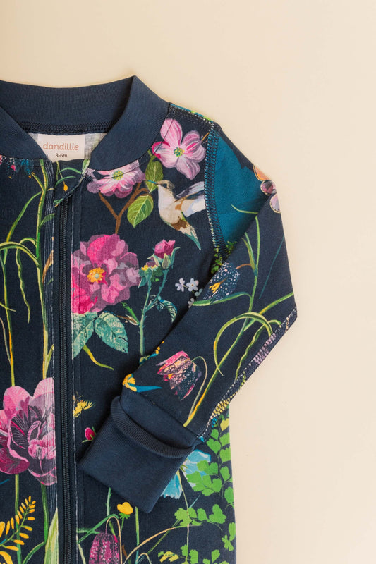 organic cotton baby zipper sleeper with fold-over cuffs in blue floral print designed by julia whitney barnes