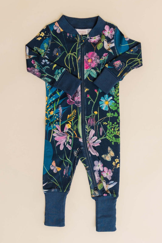 organic cotton baby zipper sleeper with fold-over cuffs in blue floral print designed by julia whitney barnes