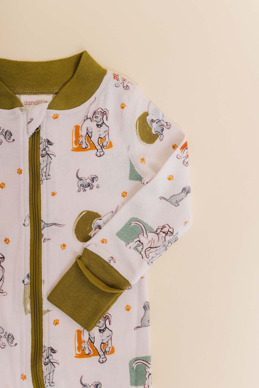 organic cotton baby zipper sleeper with fold-over cuffs in green puppy print designed by jen brandon