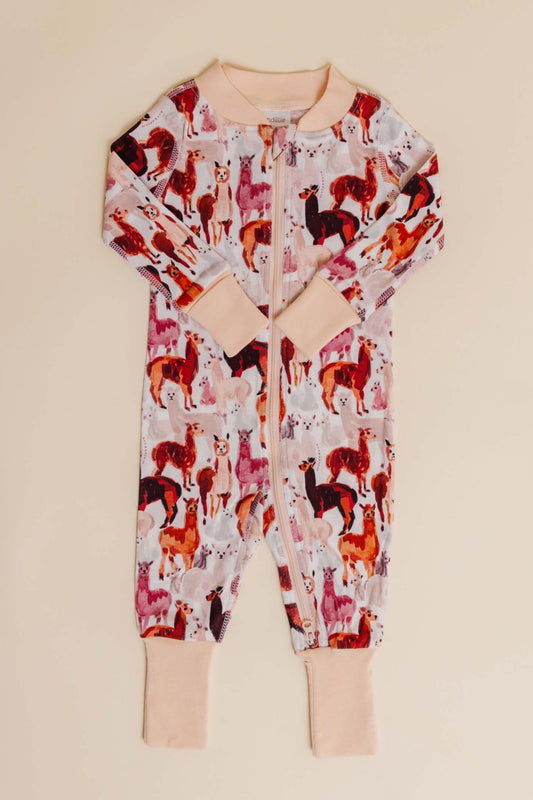 organic cotton baby zipper sleeper with fold-over cuffs in tan alpaca print designed by barbra ignatiev