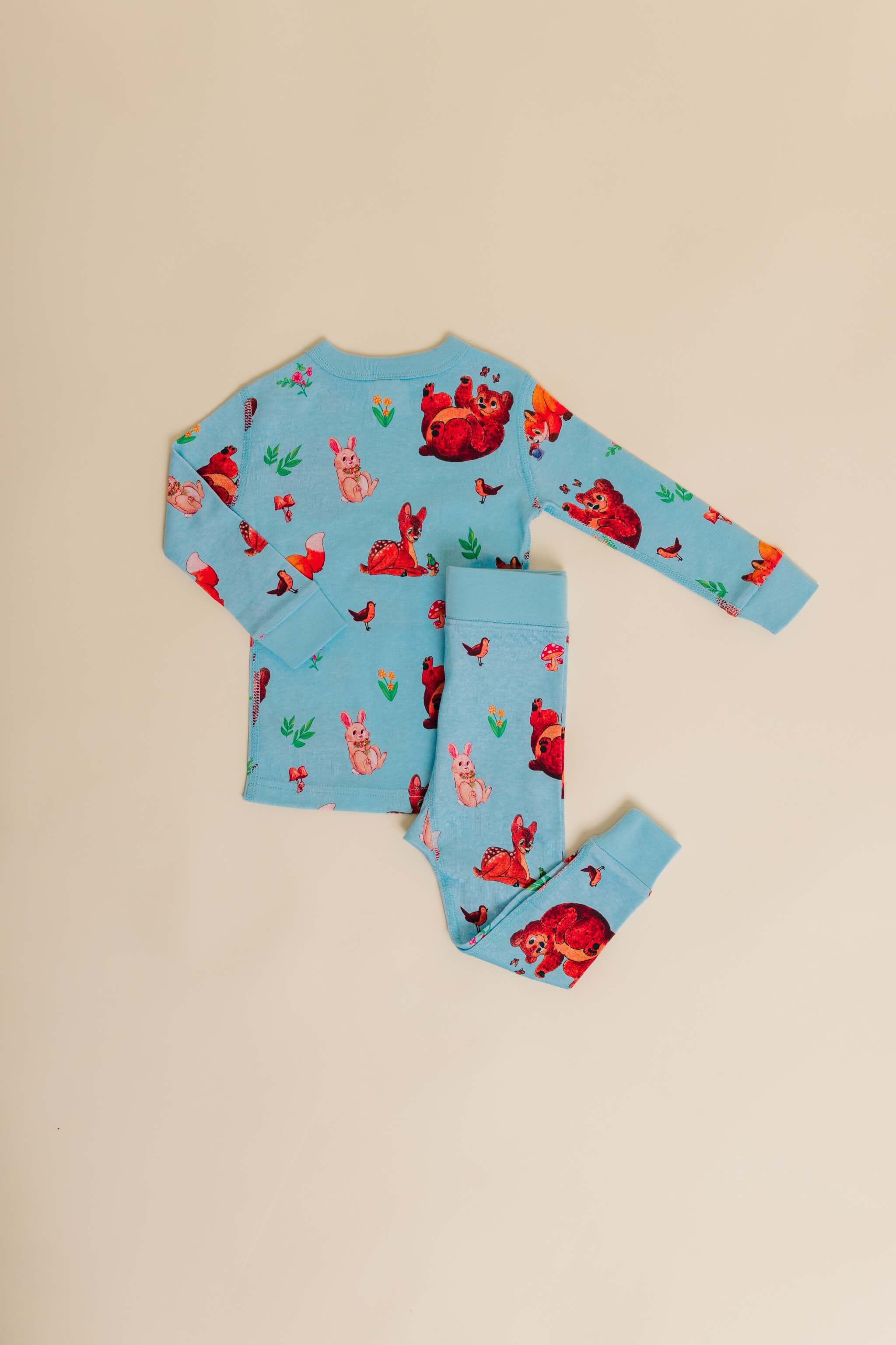 organic cotton children's long sleeve sleepwear in blue animal print designed by anna iwin