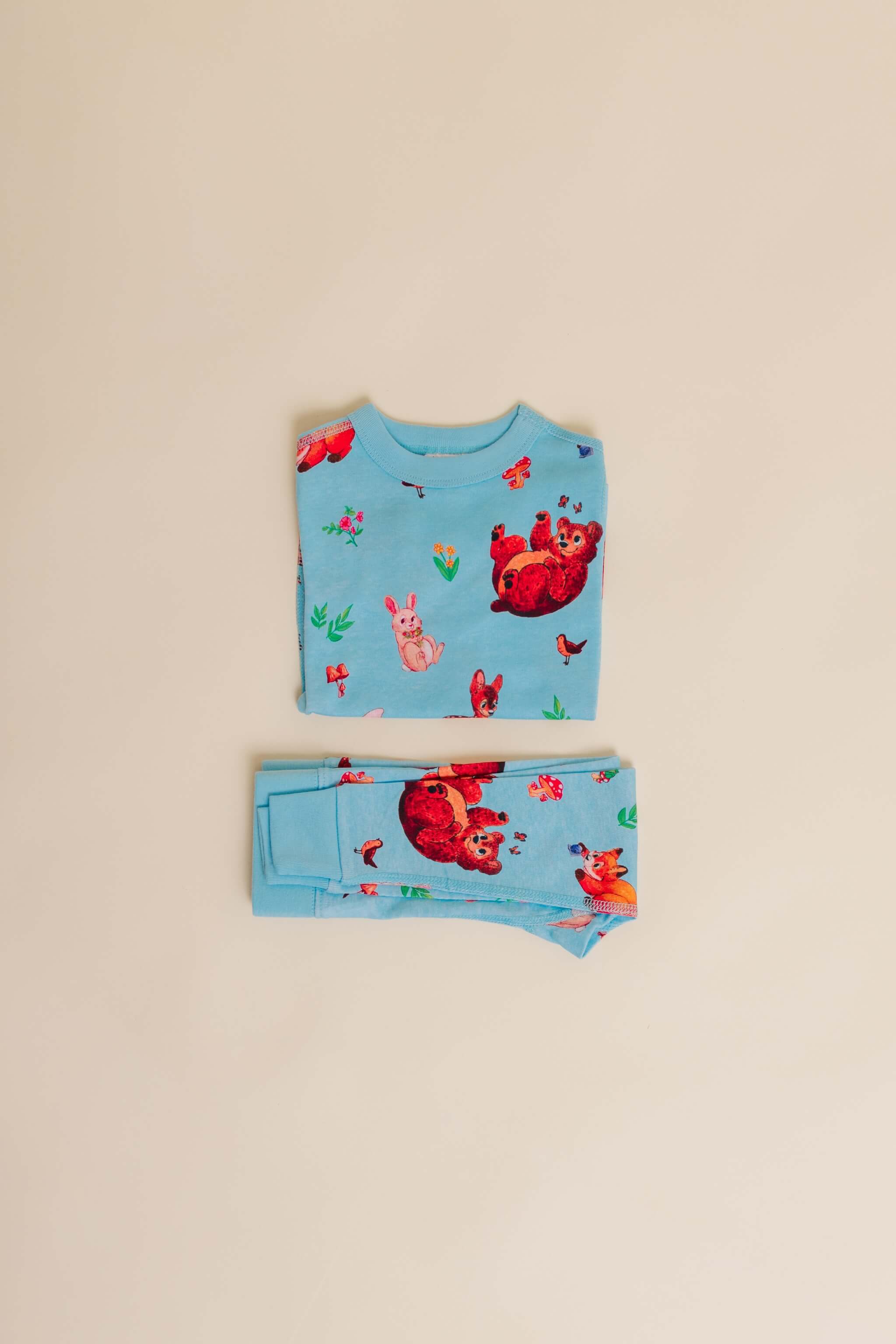 organic cotton children's long sleeve sleepwear in blue animal print designed by anna iwin