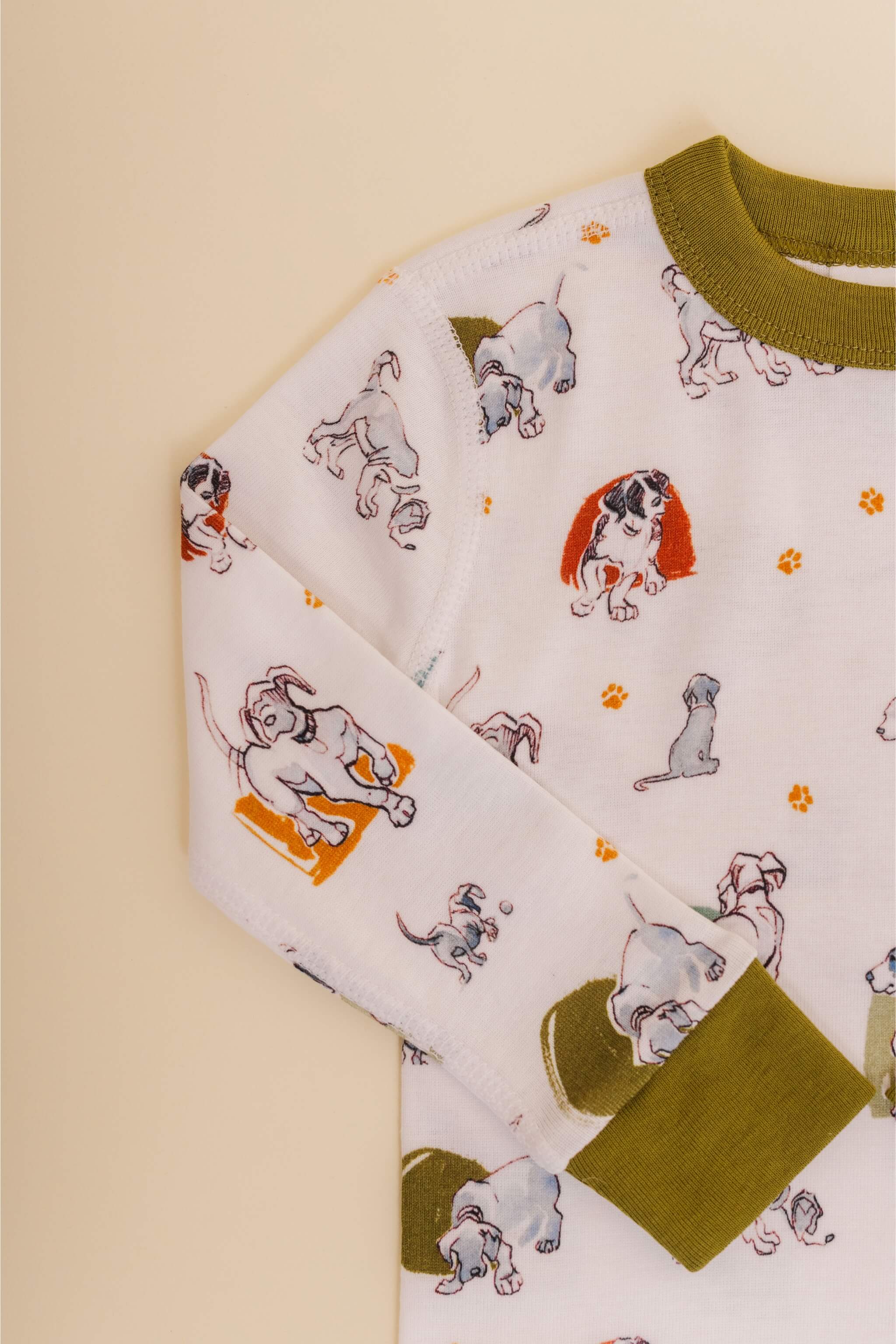 organic cotton children's long sleeve sleepwear in green puppy print designed by jen brandon