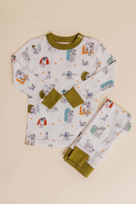 organic cotton children's long sleeve sleepwear in green puppy print designed by jen brandon