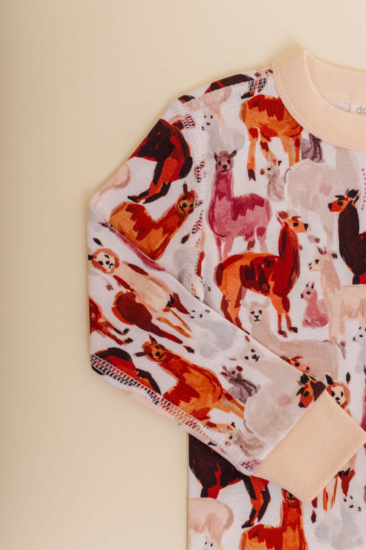 organic cotton children's long sleeve sleepwear in tan alpaca print designed by barbra ignatiev