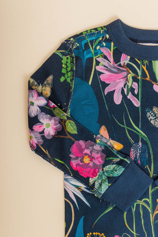 organic cotton children's long sleeve sleepwear in blue floral print designed by julia whitney barnes