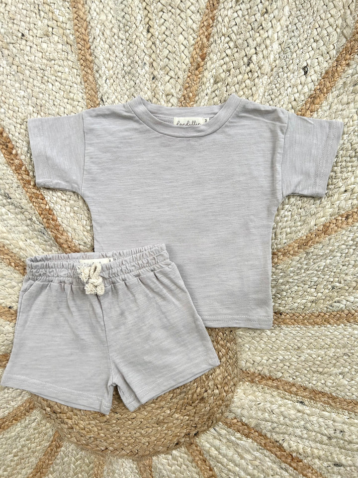 Organic cotton slub yarn jersey set in mist.