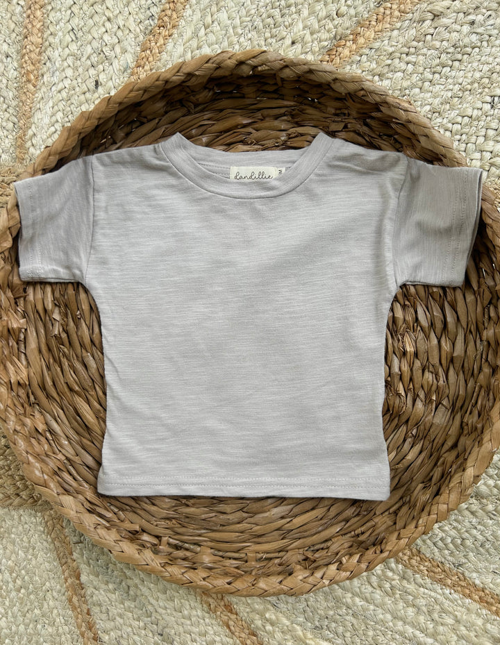 Organic cotton slub yarn jersey set in mist.