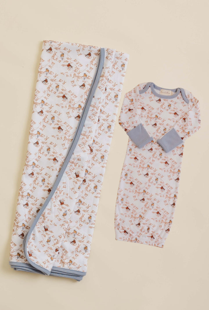 Swaddle and baby gown with bird pattern