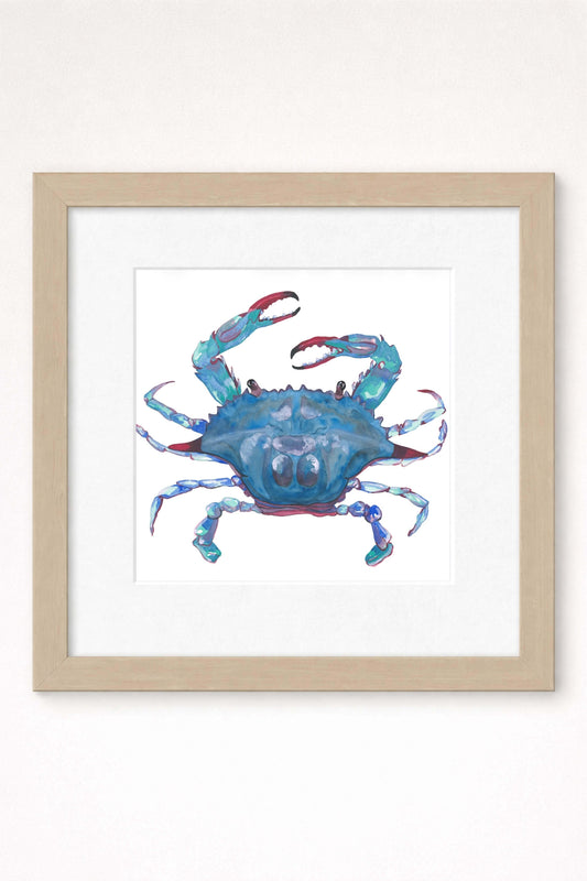 giclee print of watercolor painting of blue crab by emily bourassa in brown frame