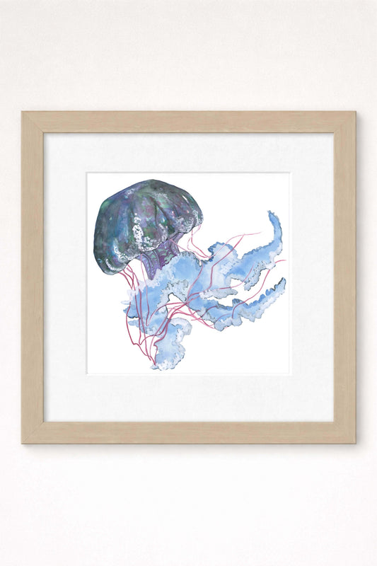 giclee print of watercolor painting of blue jellyfish by emily bourassa in brown frame