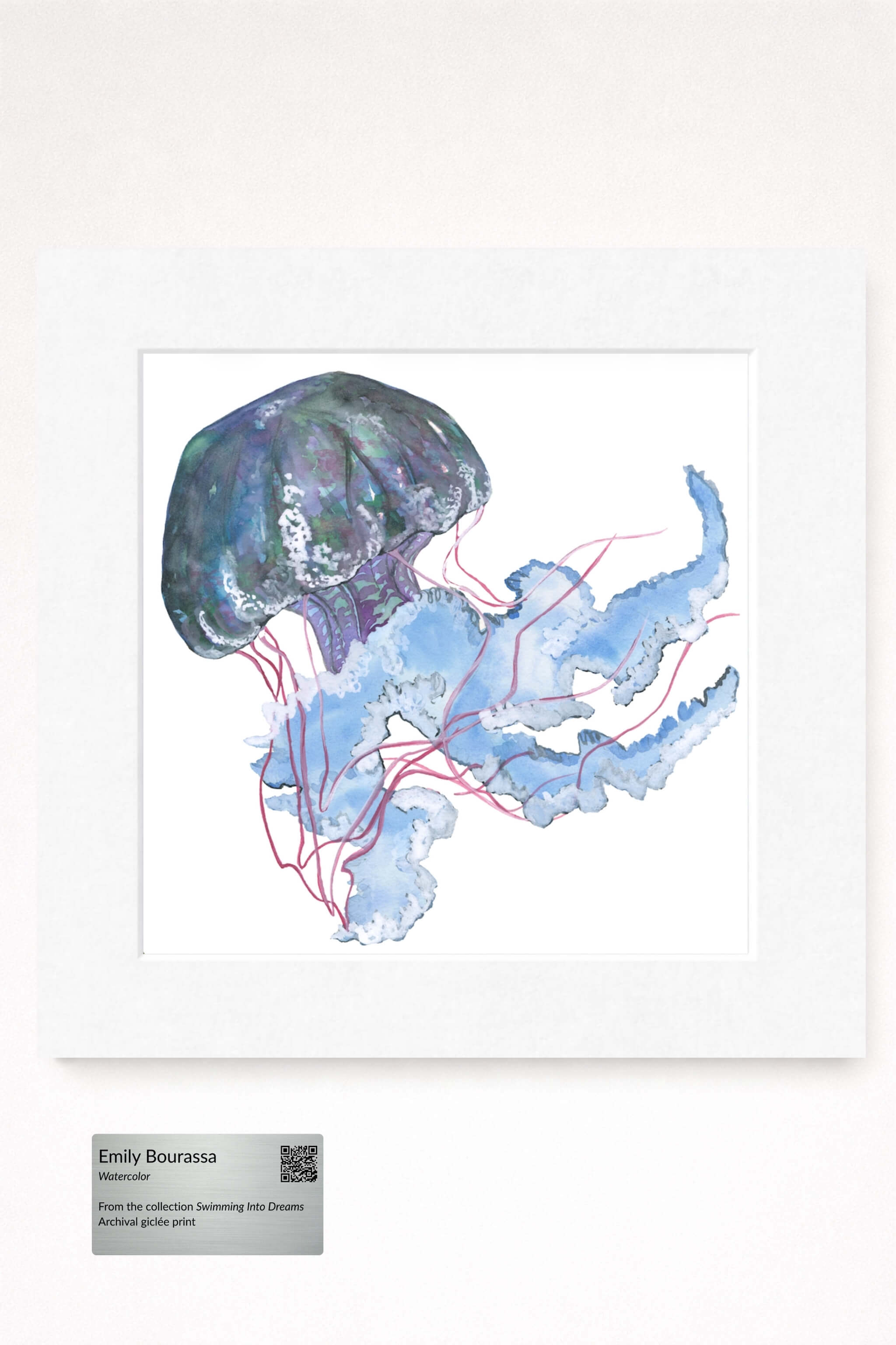 giclee print of watercolor painting of blue jellyfish by emily bourassa in white matting