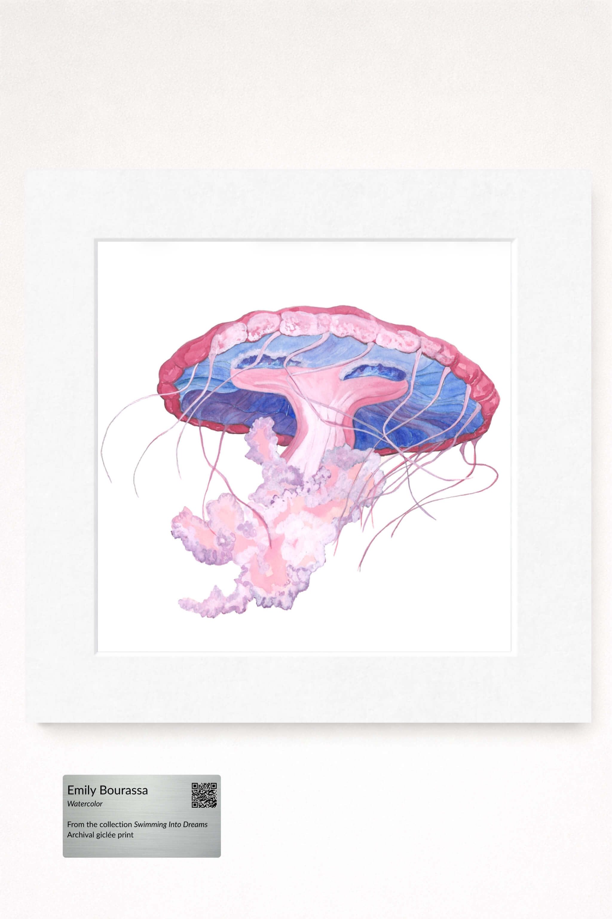 giclee print of watercolor painting of pink jellyfish by emily bourassa in white matting