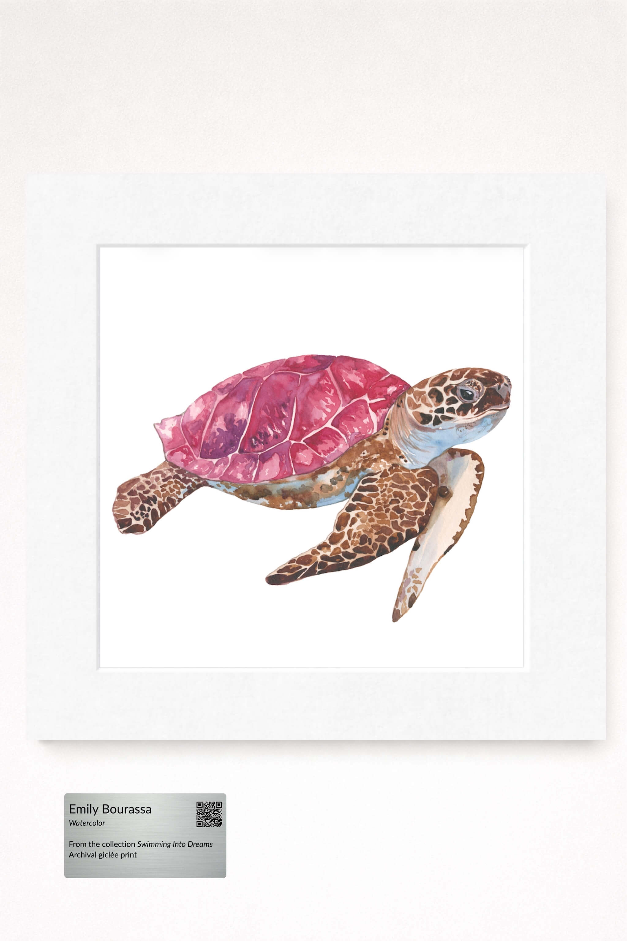 giclee print of watercolor painting of pink sea turtle by emily bourassa in white matting