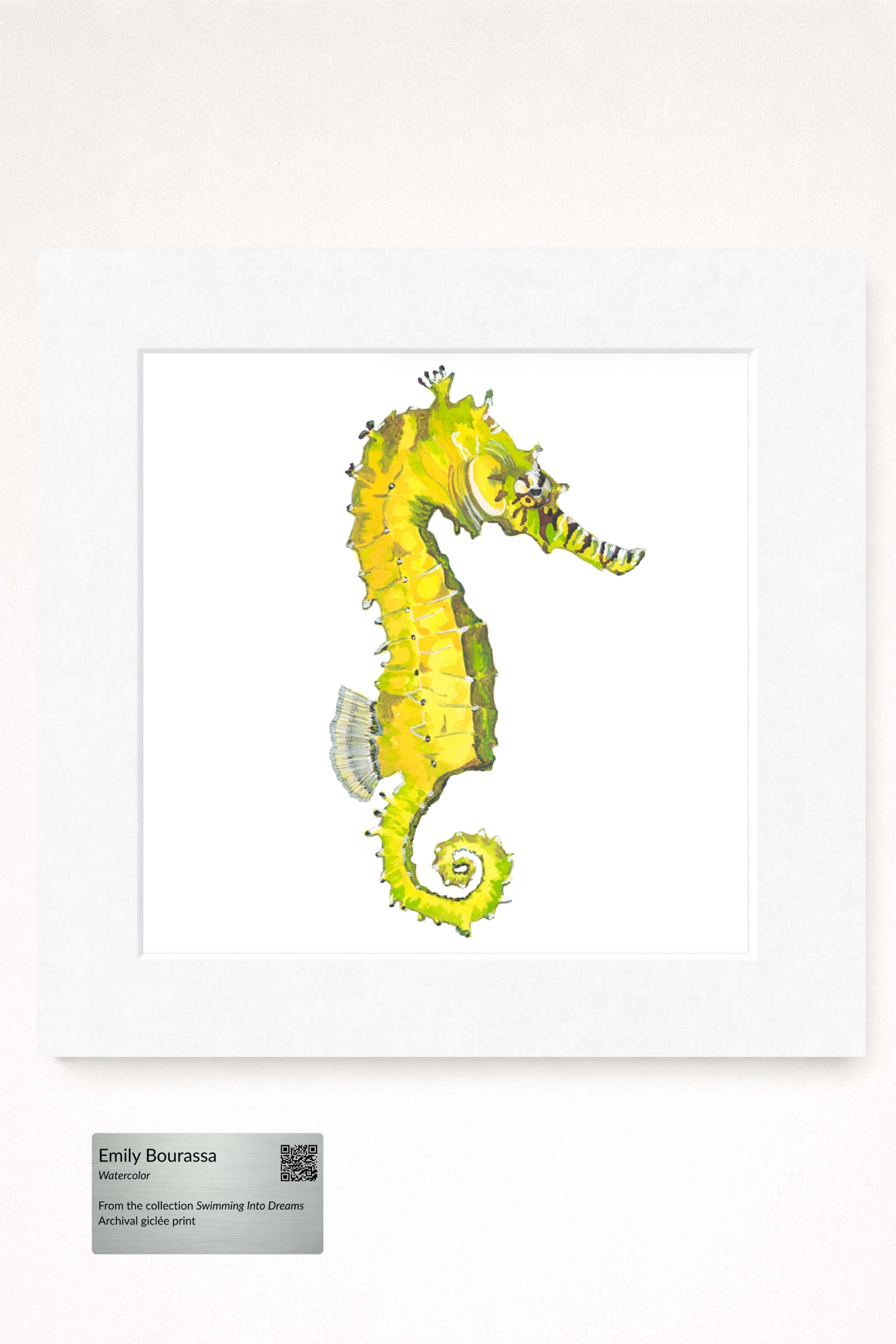 giclee print of watercolor painting of yellow seahorse by emily bourassa in white matting