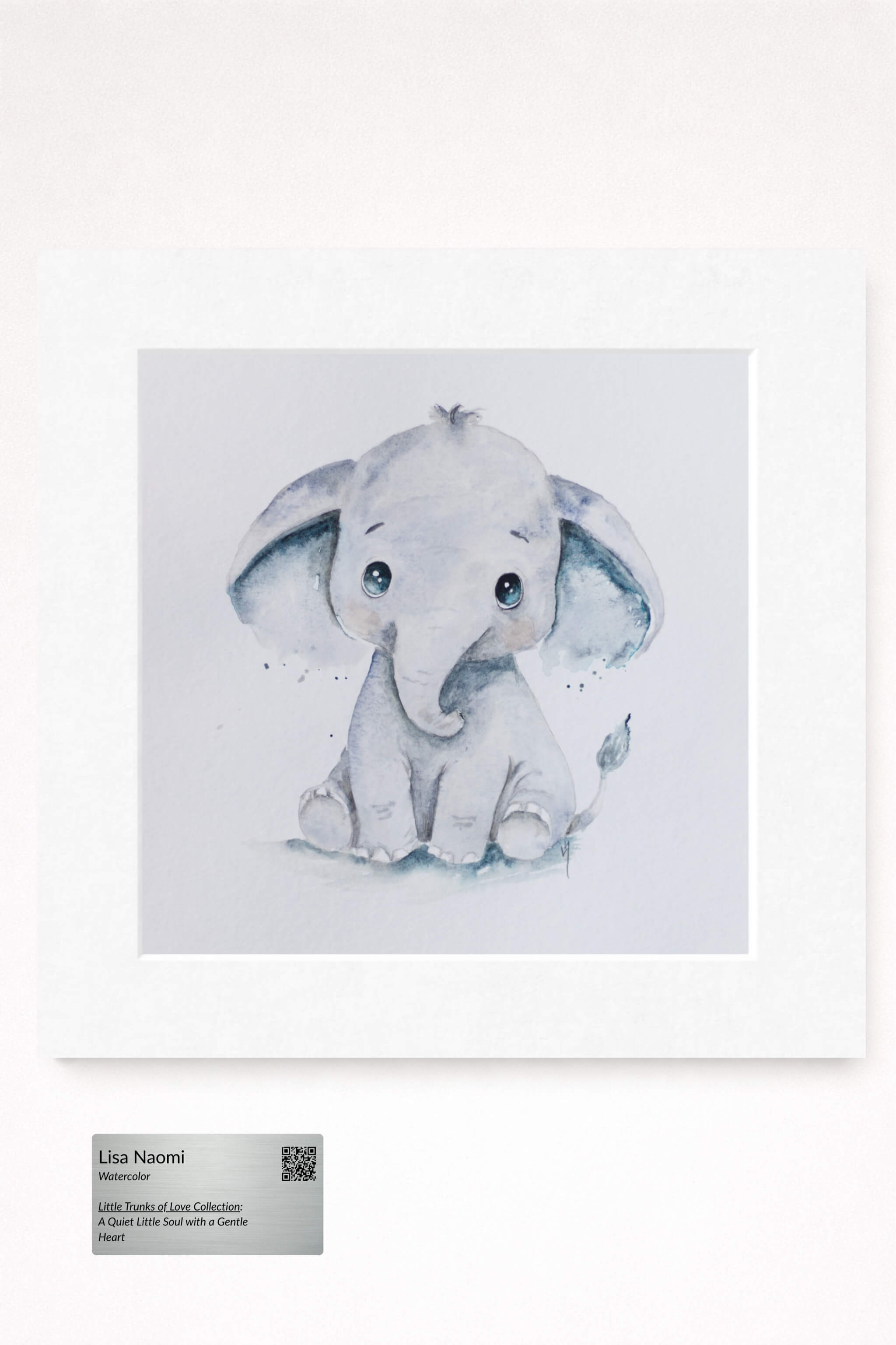 watercolor painting of elephant in blue color tone by lisa naomi in the little trunks of love collection