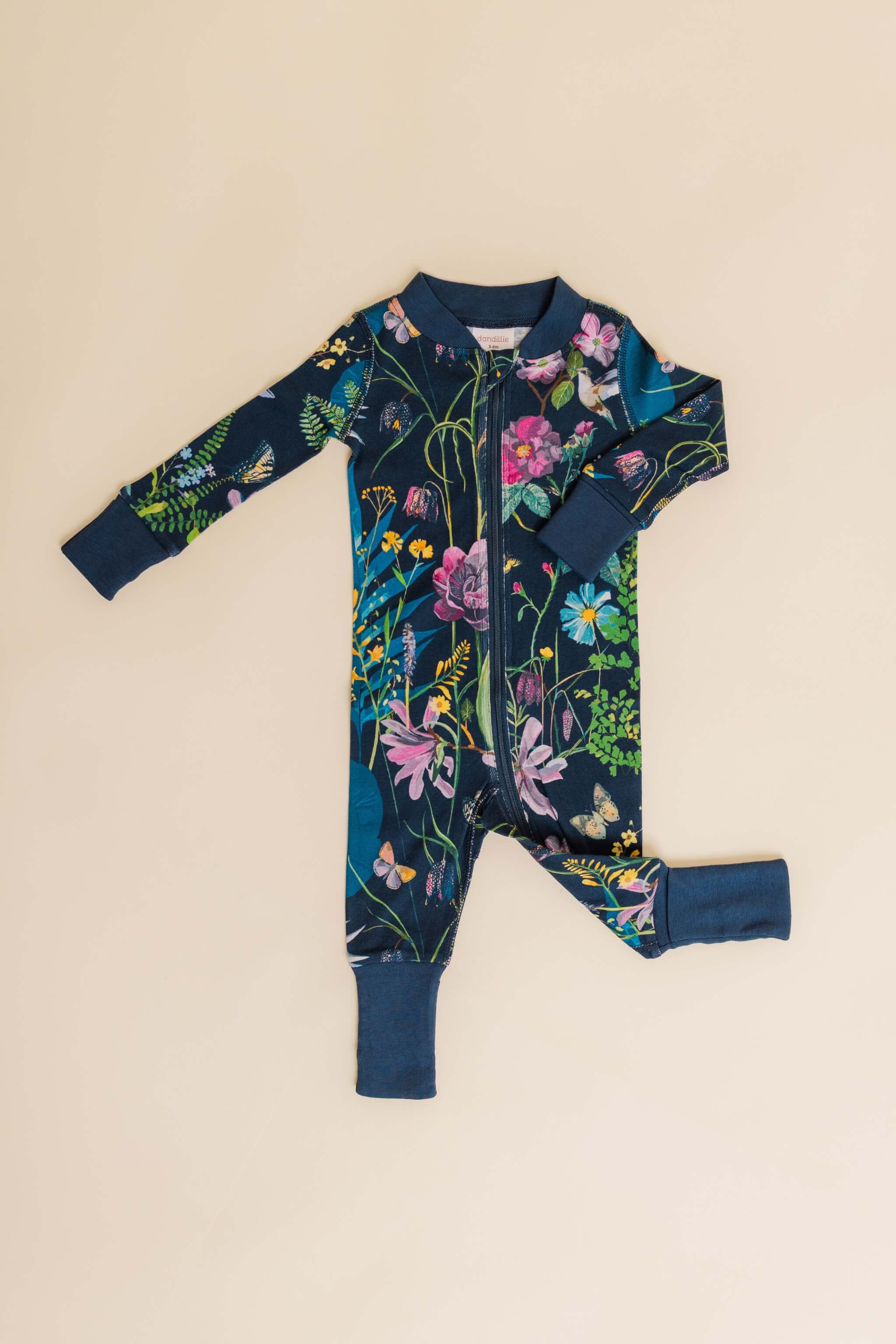 organic cotton baby zipper sleeper with fold-over cuffs in blue floral print designed by julia whitney barnes