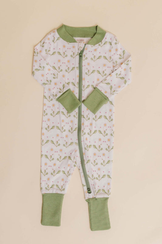 organic cotton baby zipper sleeper with fold-over cuffs in green daisy print designed by giacomina ferrillo