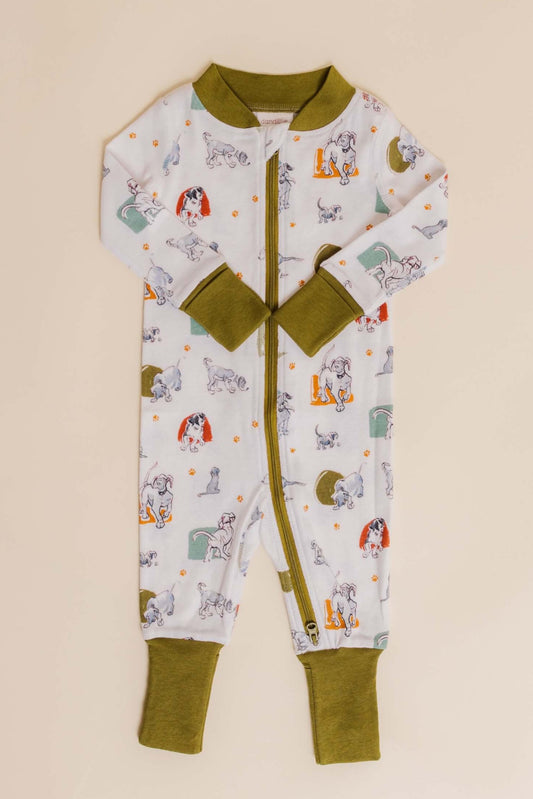 organic cotton baby zipper sleeper with fold-over cuffs in green puppy print designed by jen brandon