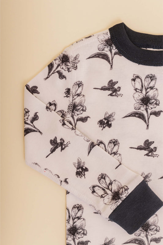 organic cotton children's long sleeve sleepwear in black ink print designed by chewie co