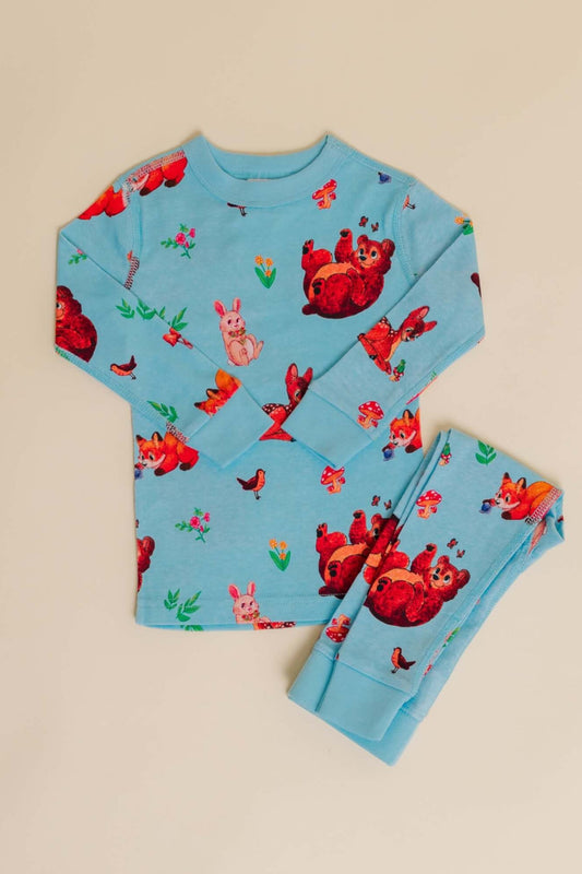 organic cotton children's long sleeve sleepwear in blue animal print designed by anna iwin