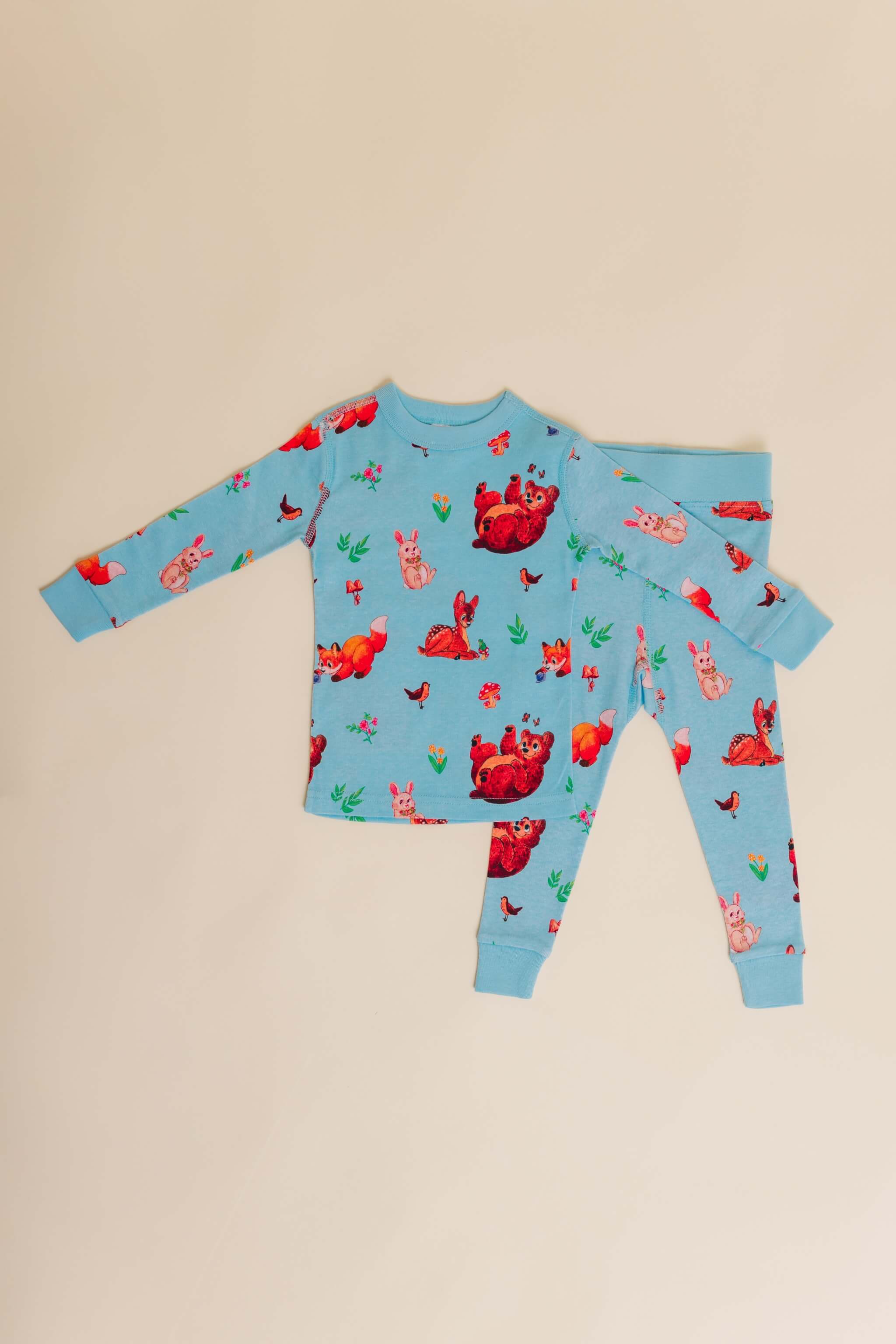 organic cotton children's long sleeve sleepwear in blue animal print designed by anna iwin