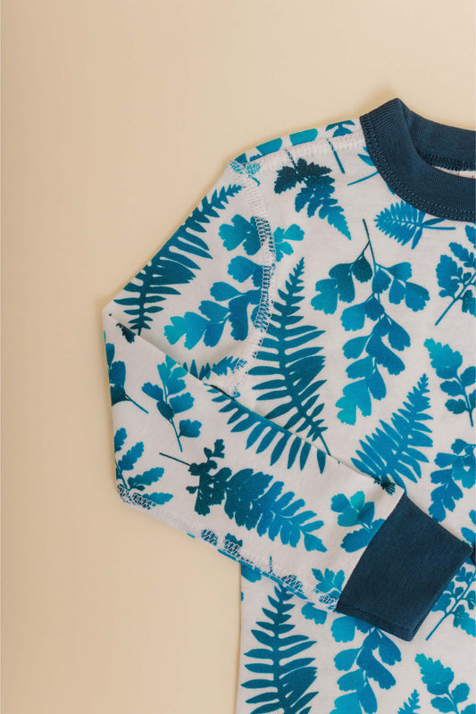 organic cotton children's long sleeve sleepwear in blue fern print designed by jen johnston