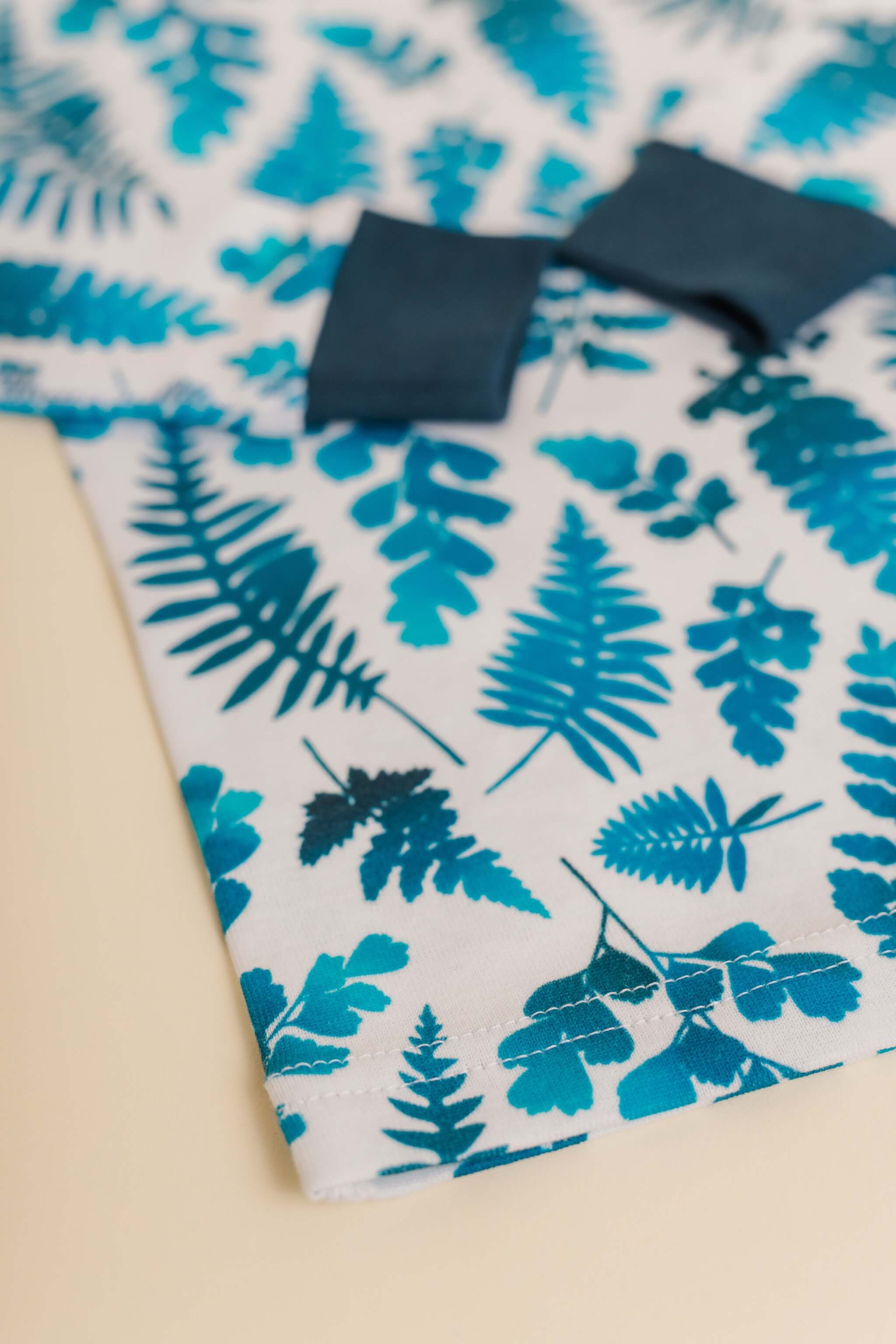 organic cotton children's long sleeve sleepwear in blue fern print designed by jen johnston