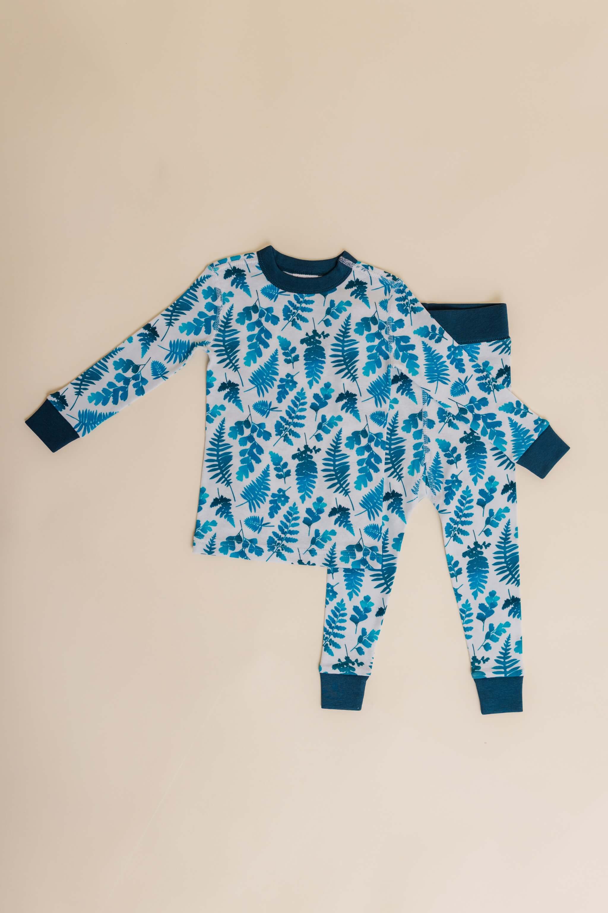 organic cotton children's long sleeve sleepwear in blue fern print designed by jen johnston