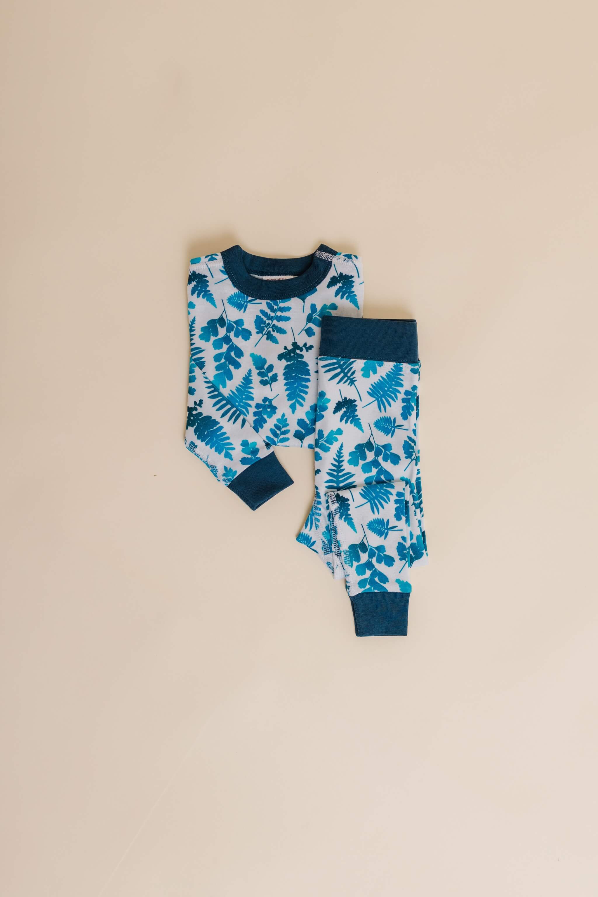 organic cotton children's long sleeve sleepwear in blue fern print designed by jen johnston