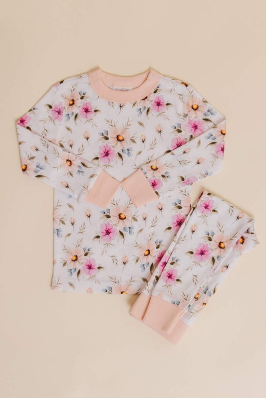 organic cotton children's long sleeve sleepwear in coral floral print designed by jen sweeeney