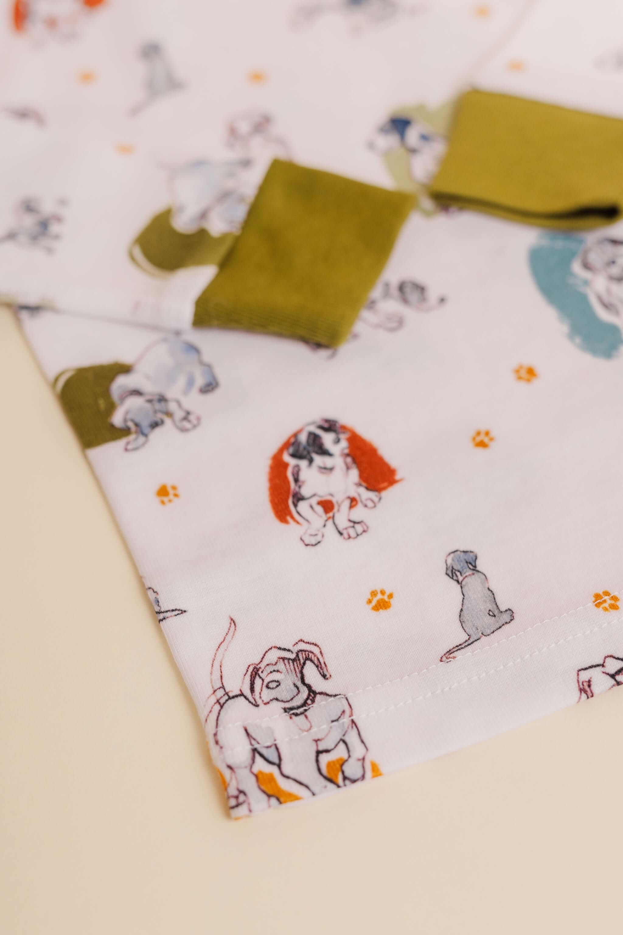 organic cotton children's long sleeve sleepwear in green puppy print designed by jen brandon
