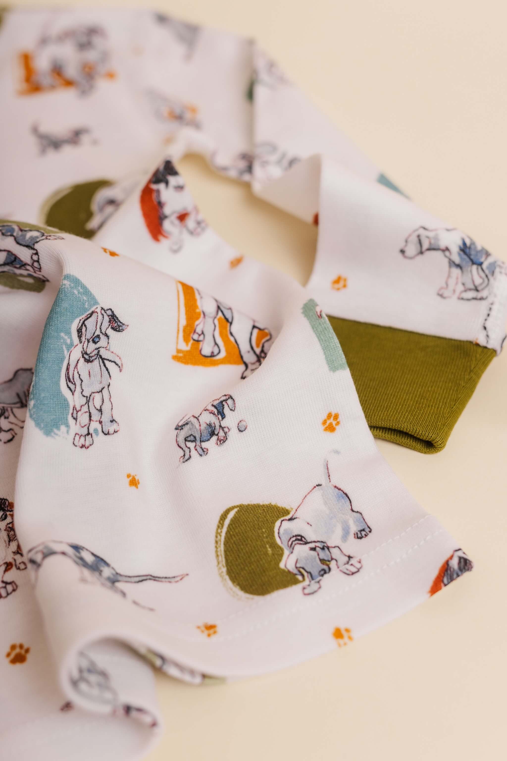 organic cotton children's long sleeve sleepwear in green puppy print designed by jen brandon
