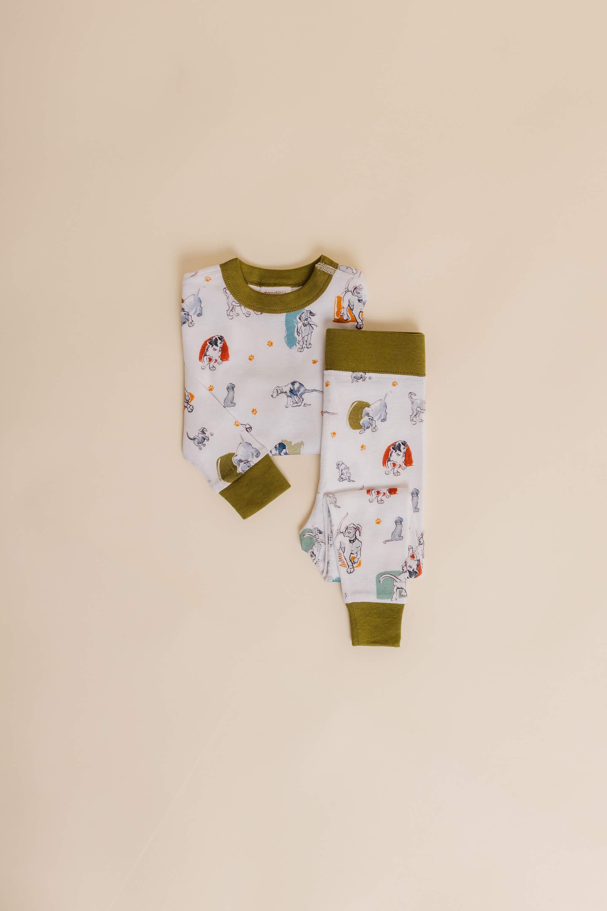 organic cotton children's long sleeve sleepwear in green puppy print designed by jen brandon