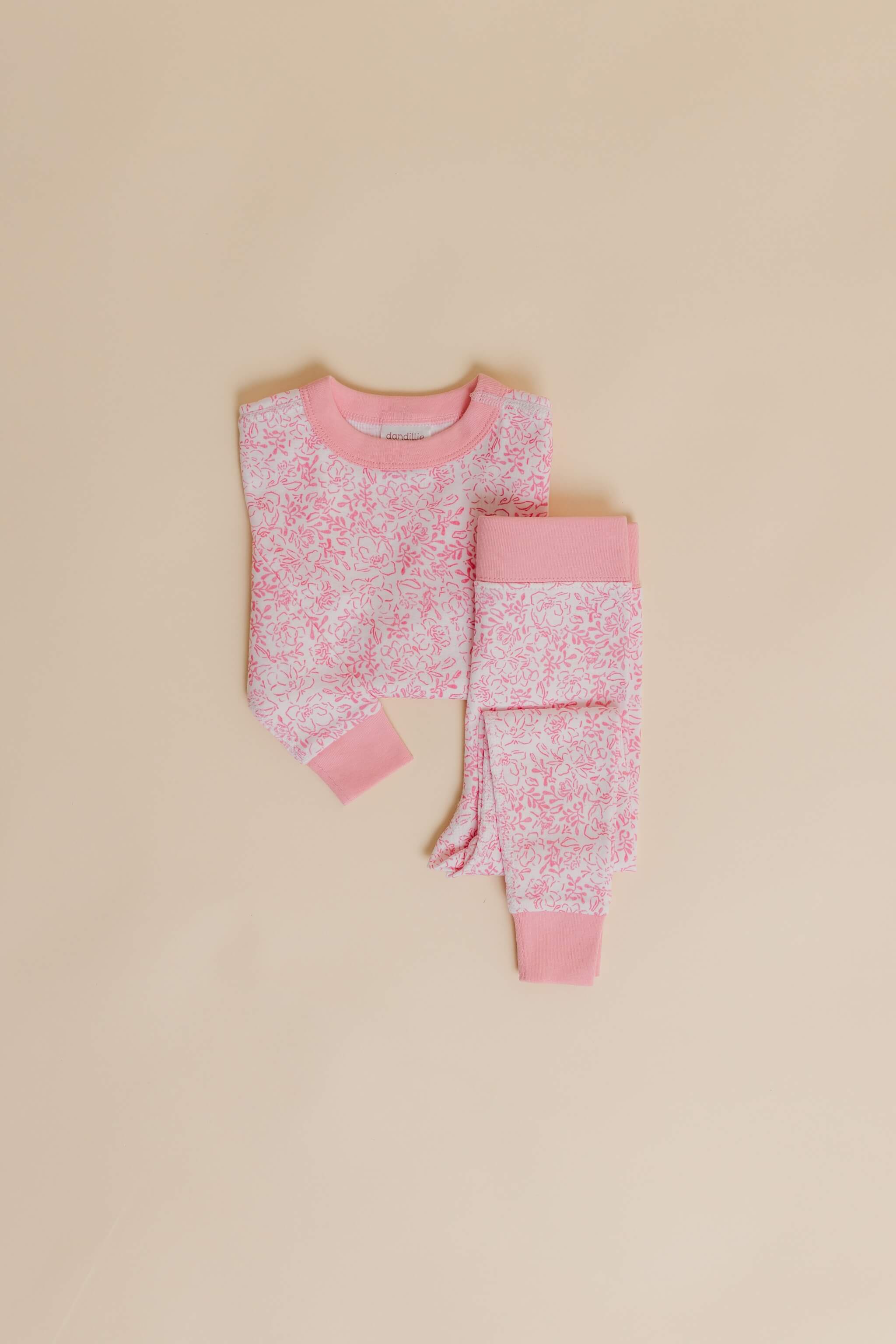 organic cotton children's long sleeve sleepwear in pink floral print designed by eliza baucom