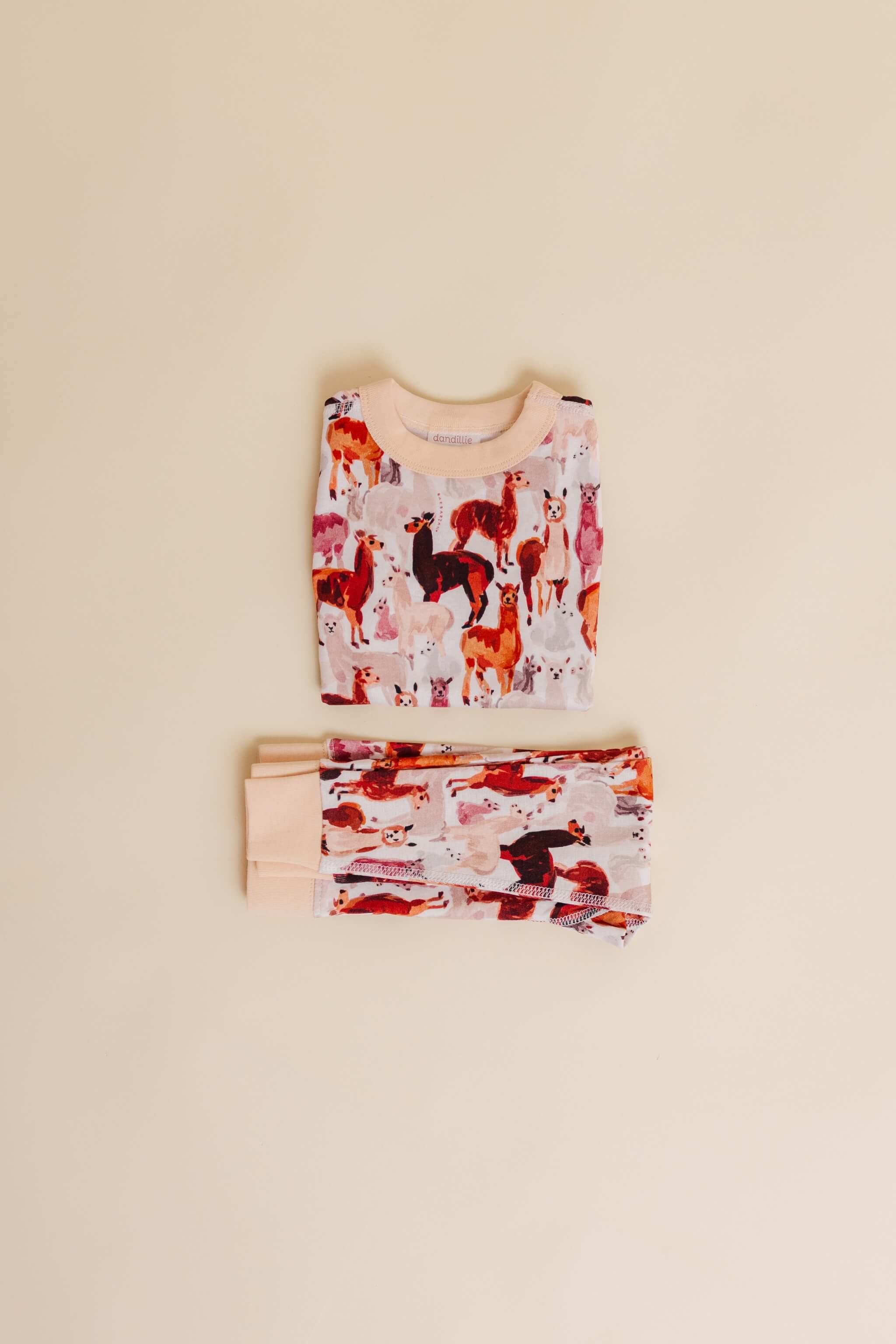 organic cotton children's long sleeve sleepwear in tan alpaca print designed by barbra ignatiev