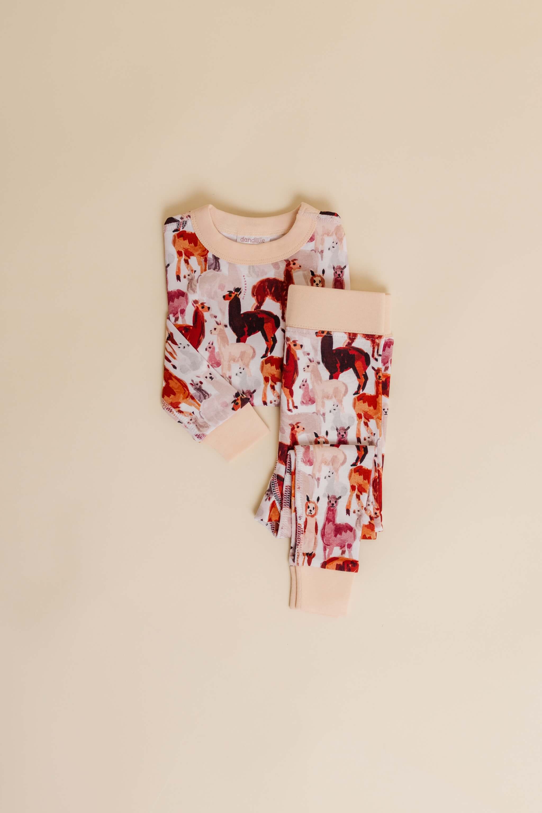 organic cotton children's long sleeve sleepwear in tan alpaca print designed by barbra ignatiev