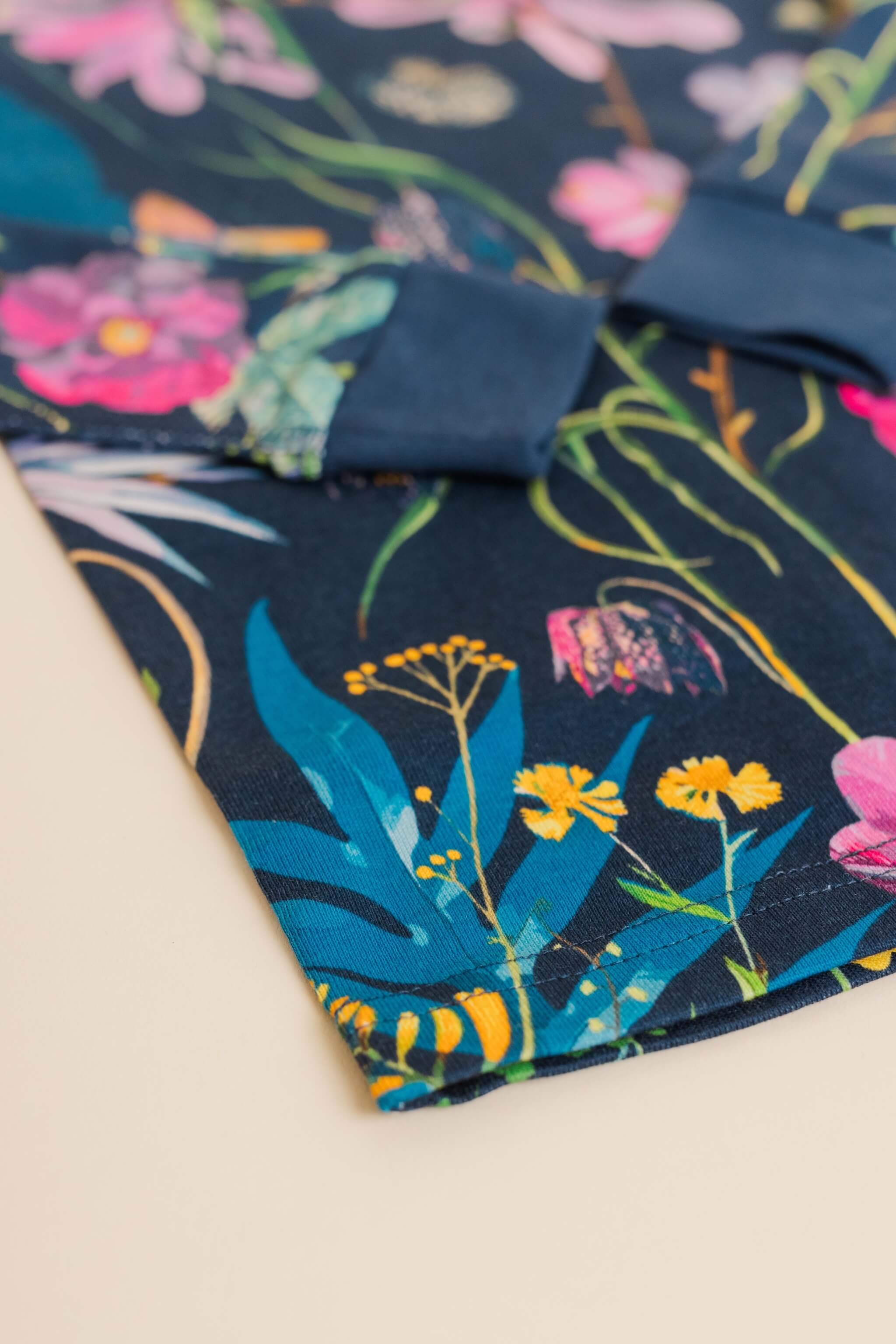 organic cotton children's long sleeve sleepwear in blue floral print designed by julia whitney barnes