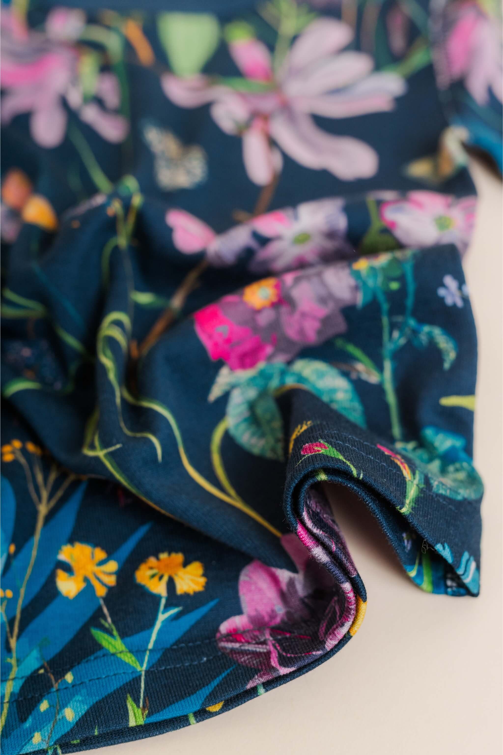 organic cotton children's long sleeve sleepwear in blue floral print designed by julia whitney barnes