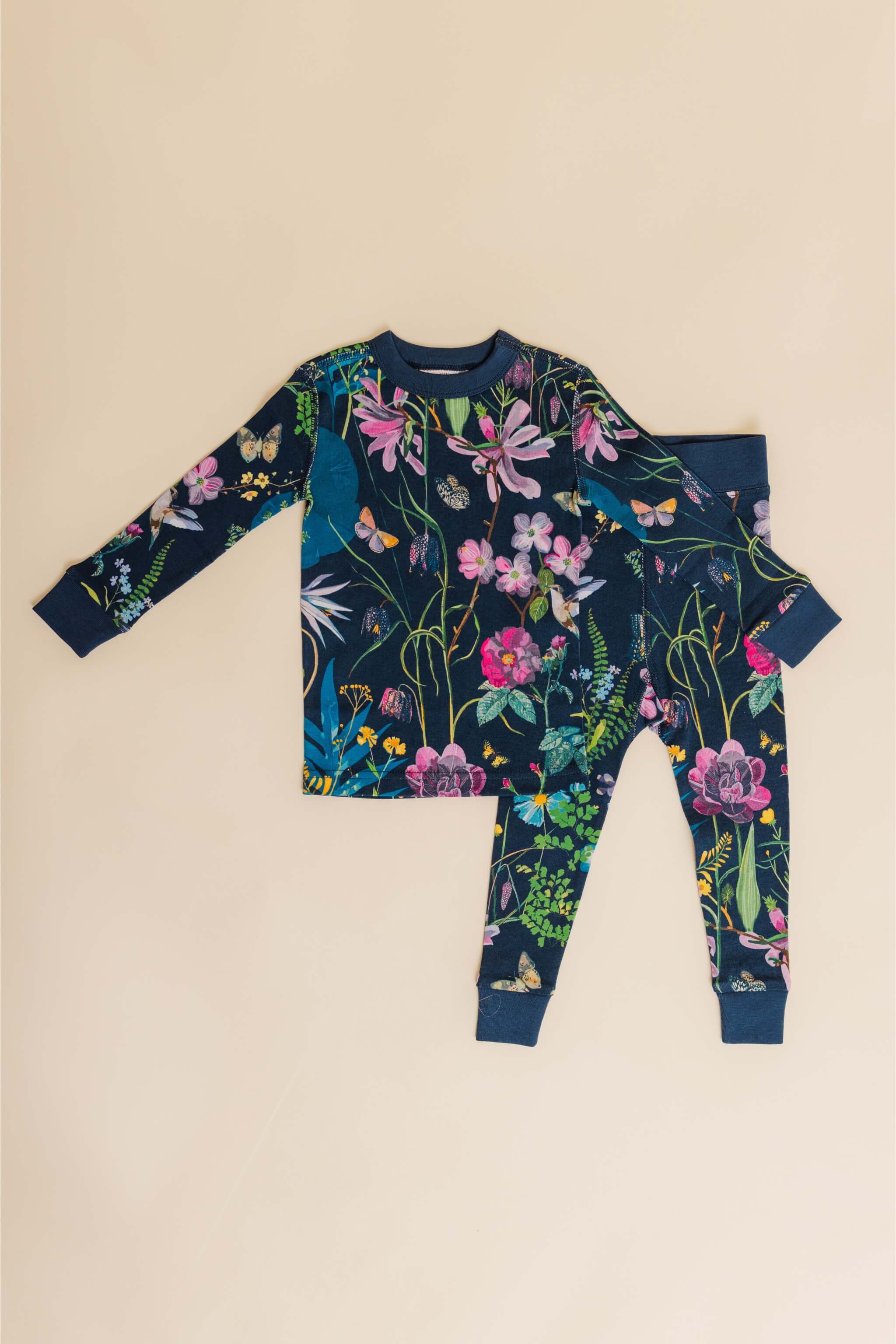 organic cotton children's long sleeve sleepwear in blue floral print designed by julia whitney barnes