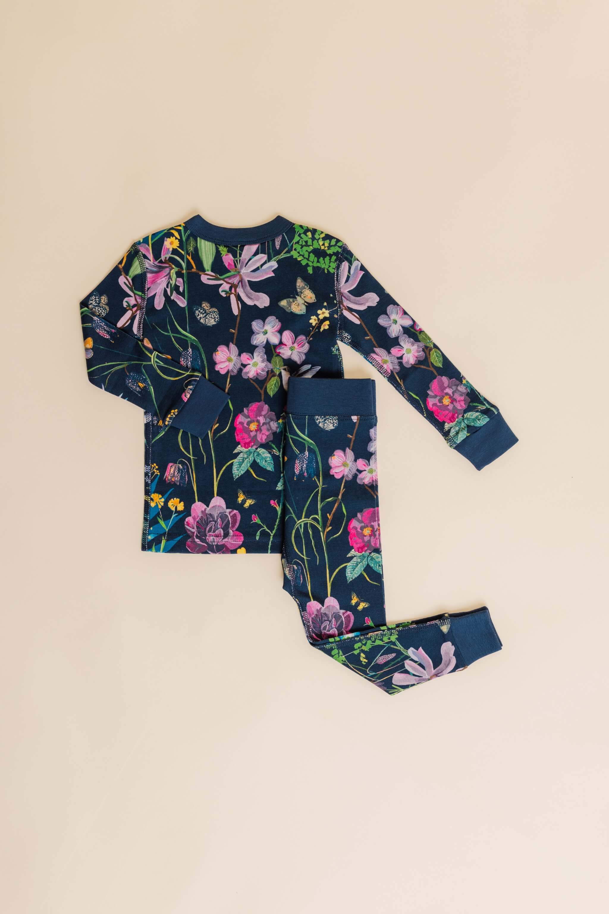 organic cotton children's long sleeve sleepwear in blue floral print designed by julia whitney barnes
