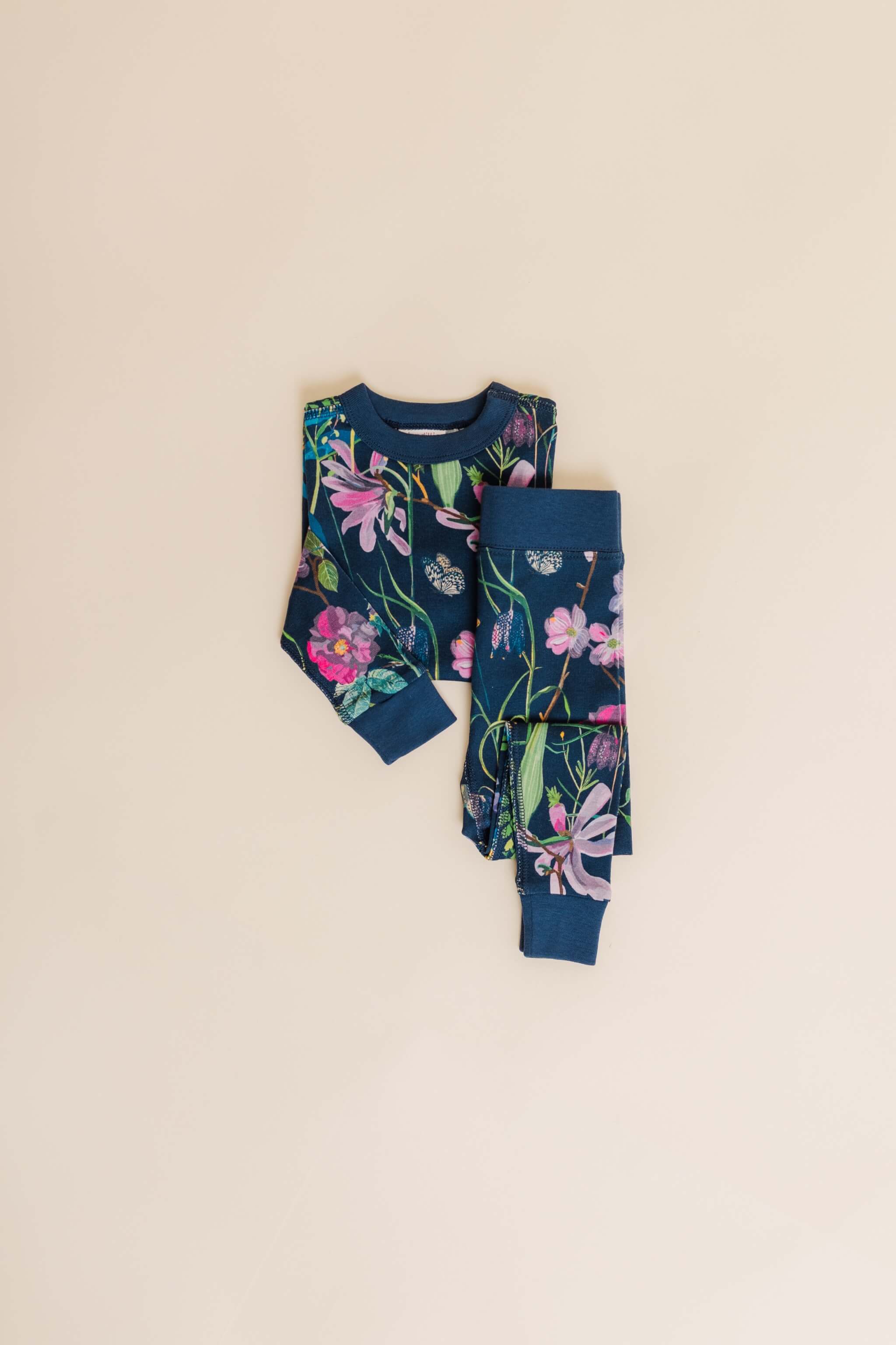 organic cotton children's long sleeve sleepwear in blue floral print designed by julia whitney barnes