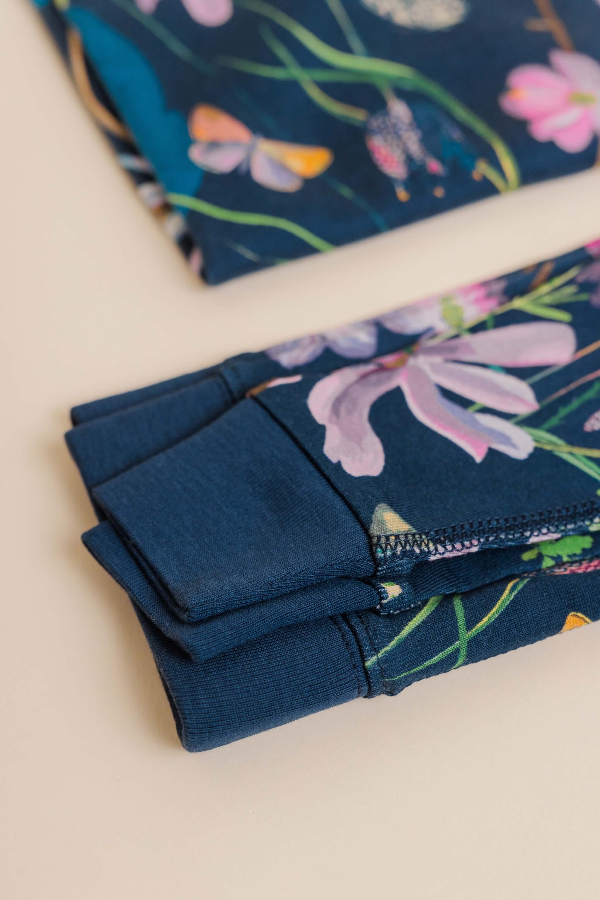 organic cotton children's long sleeve sleepwear in blue floral print designed by julia whitney barnes